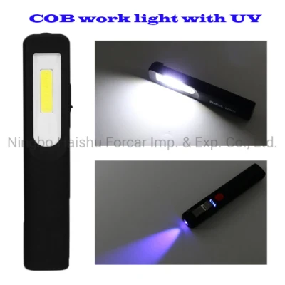 Lâmpada de trabalho COB recarregável USB com UV395 portátil portátil para inspeção de carro holofote de trabalho com clipe de acampamento de emergência caça LED indicador de energia de luz de trabalho